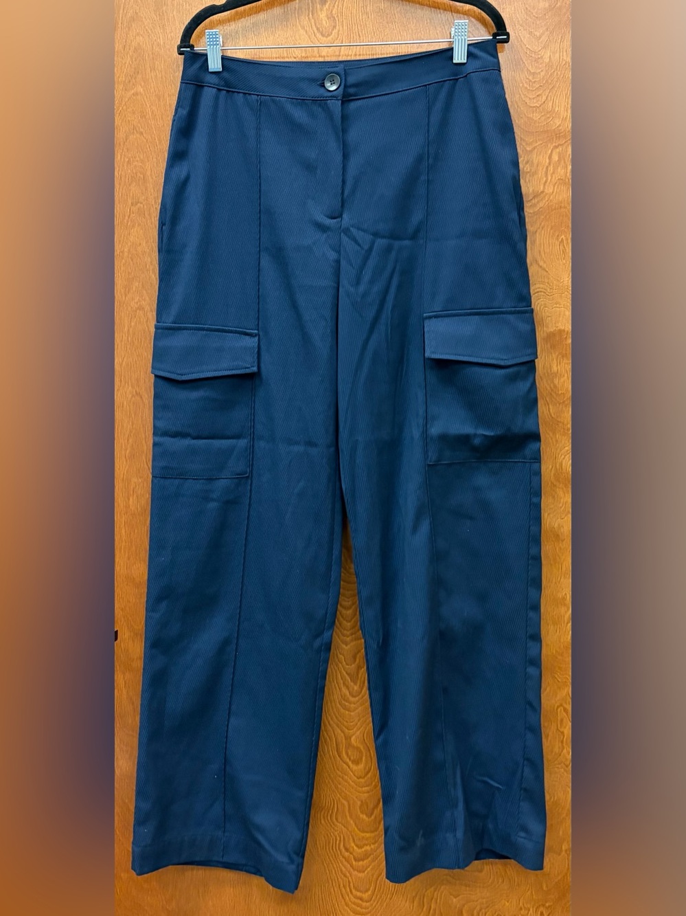 ZARA navy blue flat front cargo pants high rise baggy wide leg cotton size 8